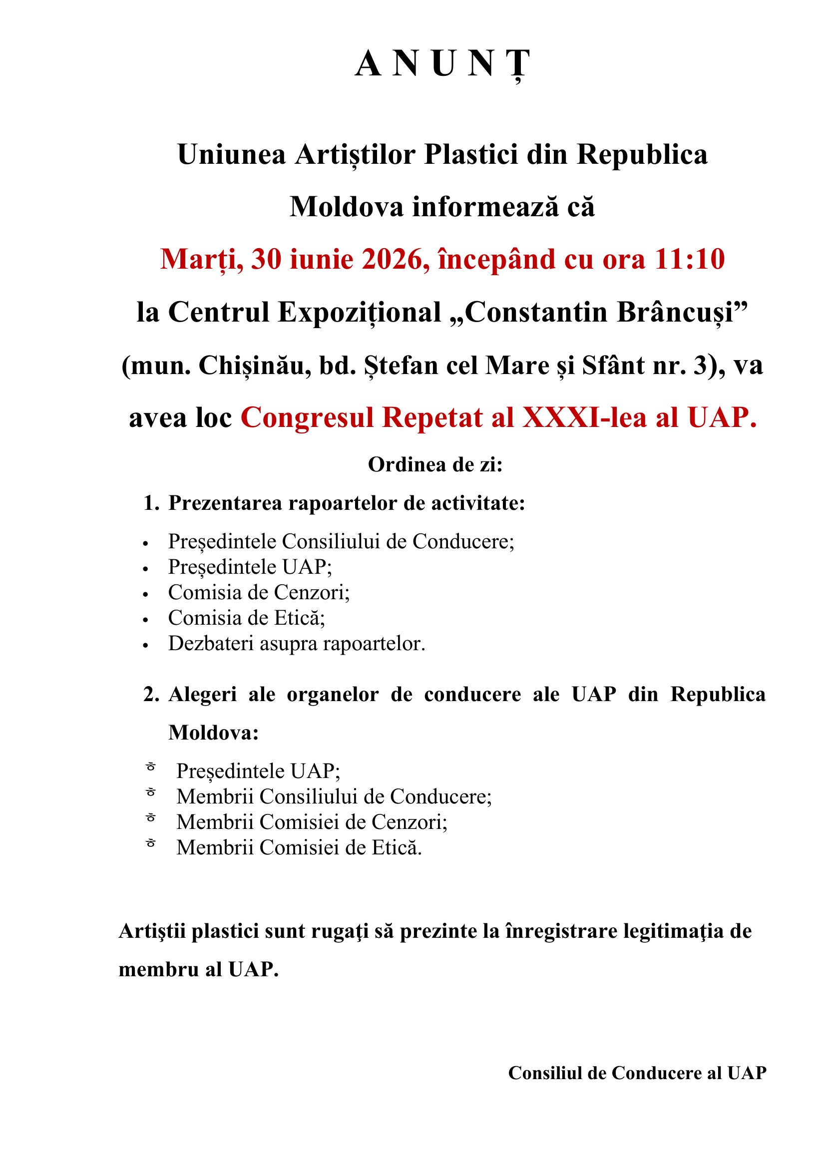 Anunț. Congresul Repetat al XXXI-lea